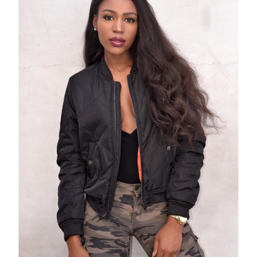 Black Quilted Bomber Jacket LARGE NWT